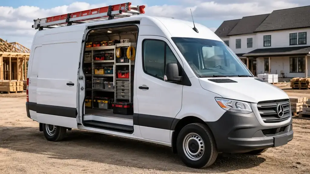Professionally upfitted Mercedes-Benz Sprinter cargo van with organized shelving, tool storage, and ladder rack parked at a commercial construction site, illustrating a fleet-ready mobile service vehicle for electricians, plumbers, HVAC technicians, and field service professionals.