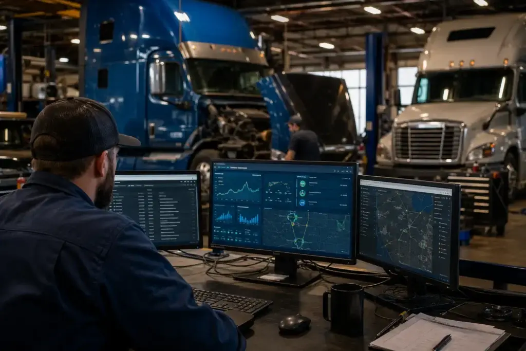 Fleet operations manager monitoring real-time supply chain visibility dashboards while heavy-duty technicians service Class 8 semi-trucks in a modern diesel repair facility, illustrating connected telematics, maintenance, and fleet data integration.