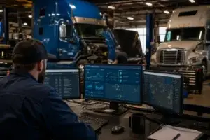 Fleet operations manager monitoring real-time supply chain visibility dashboards while heavy-duty technicians service Class 8 semi-trucks in a modern diesel repair facility, illustrating connected telematics, maintenance, and fleet data integration.