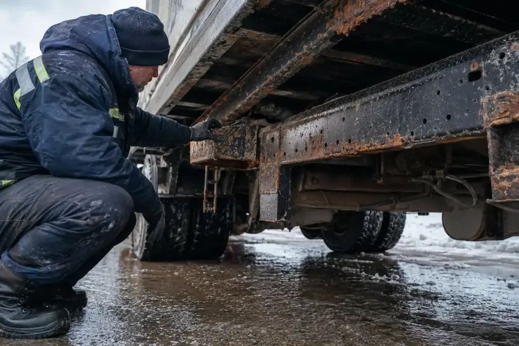 Diesel technician inspecting the rusted frame rails and undercarriage of a commercial truck during winter conditions, highlighting truck corrosion prevention, road salt damage, frame inspection, and fleet maintenance best practices.