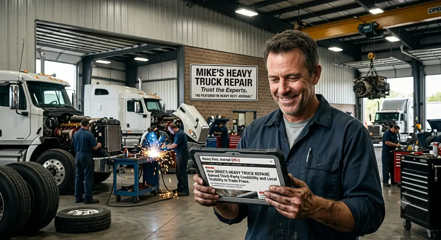A smiling truck repair shop owner in a active service bay, holding a rugged tablet that displays an article feature about his business on Heavy Duty Journal.