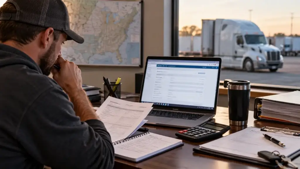 Owner-operator reviewing trucking authority paperwork, startup costs, and registration requirements with a semi truck visible outside.