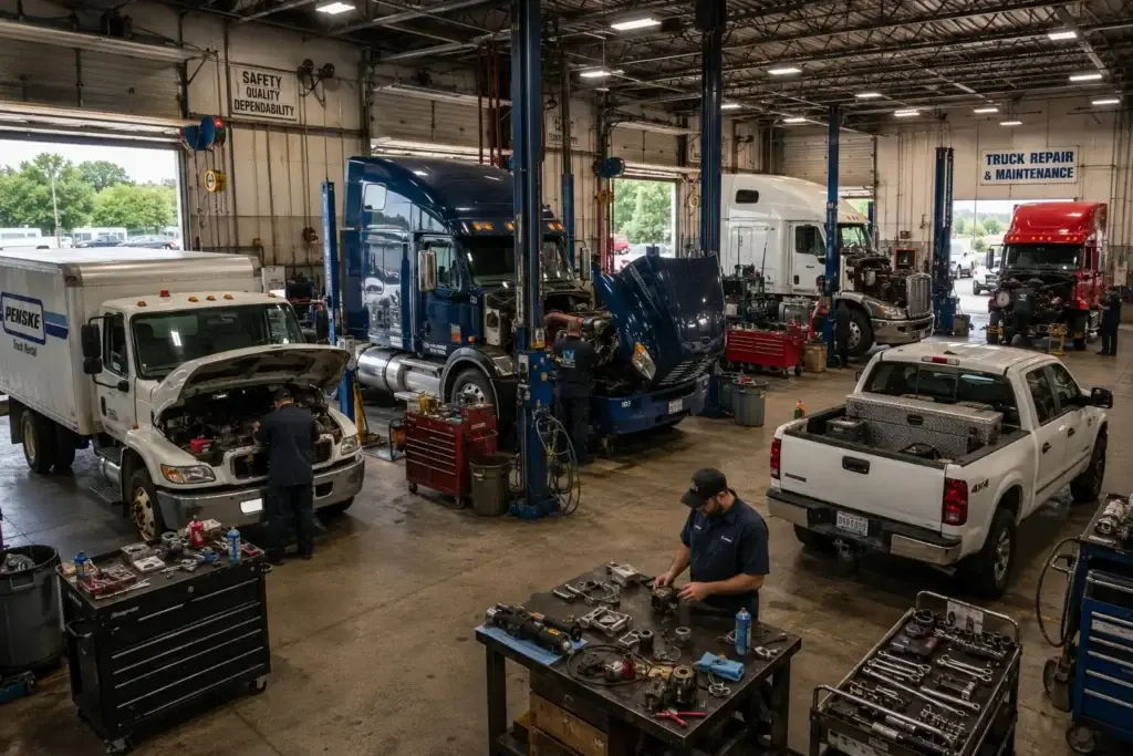 Realistic interior of a well-established heavy-duty truck repair shop with multiple service bays, experienced diesel mechanics servicing pickup trucks, medium-duty commercial trucks, and Class 8 semi-trucks using professional diagnostic equipment in a clean, modern fleet maintenance facility.