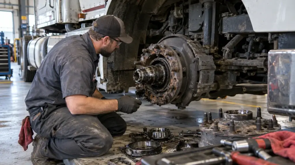 Diesel technician inspecting a failed heavy-duty truck wheel bearing and spindle assembly during wheel-end repair.