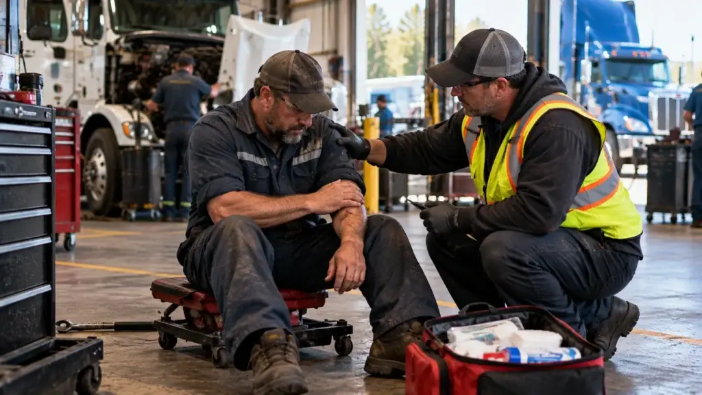 Injured diesel technician receiving assistance inside a heavy-duty truck repair shop for workers compensation coverage