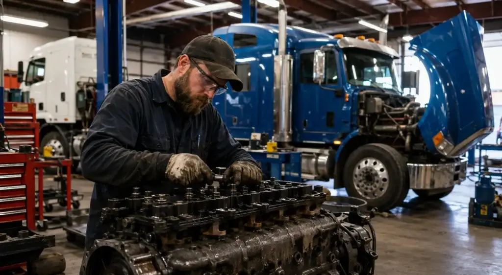 Experienced diesel technician repairing a heavy-duty truck engine inside a modern commercial truck repair shop, illustrating workers' compensation, workplace safety, and risk management in the heavy-duty trucking industry.