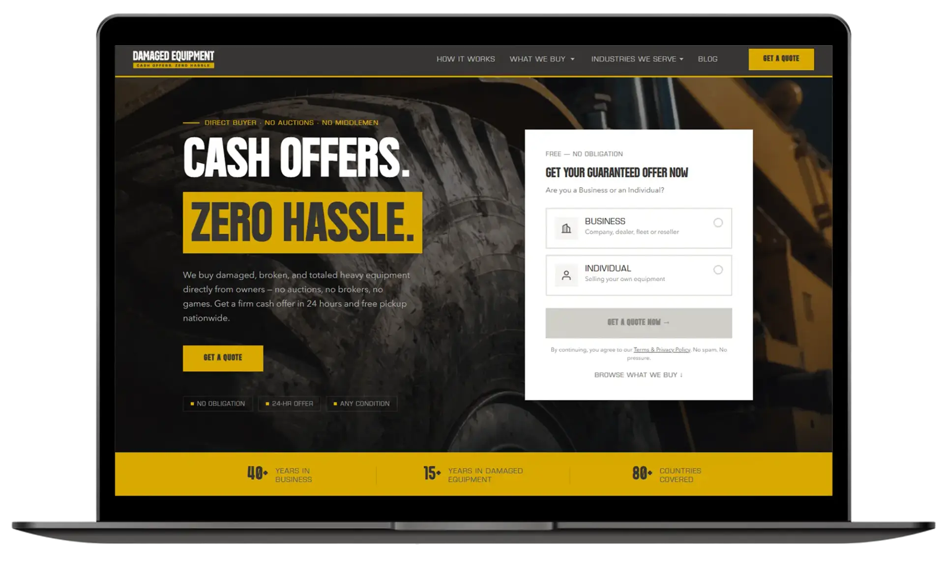 Damaged Equipment website homepage displayed on a laptop, showing the Cash Offers Zero Hassle hero section and quote request form