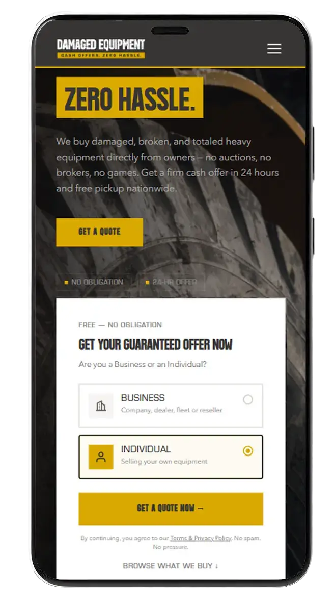 Damaged Equipment website mobile view showing the quote request form on a smartphone