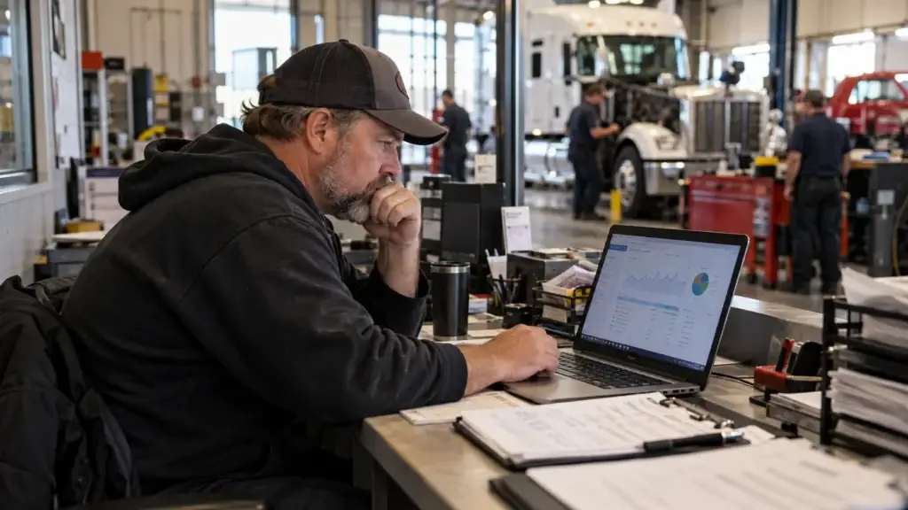 Truck repair shop owner reviewing website analytics and SEO performance on a laptop while heavy-duty diesel technicians work on commercial trucks in the service bay.