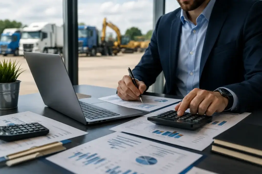 Business professional reviewing equipment financing documents with commercial trucks and heavy construction equipment in the background.