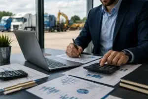 Business professional reviewing equipment financing documents with commercial trucks and heavy construction equipment in the background.