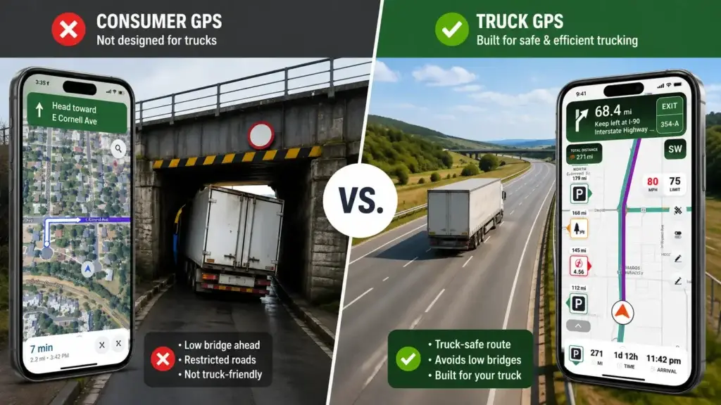 Comparison of consumer GPS navigation routing a commercial truck toward a low bridge versus truck-specific GPS providing a safer highway route.