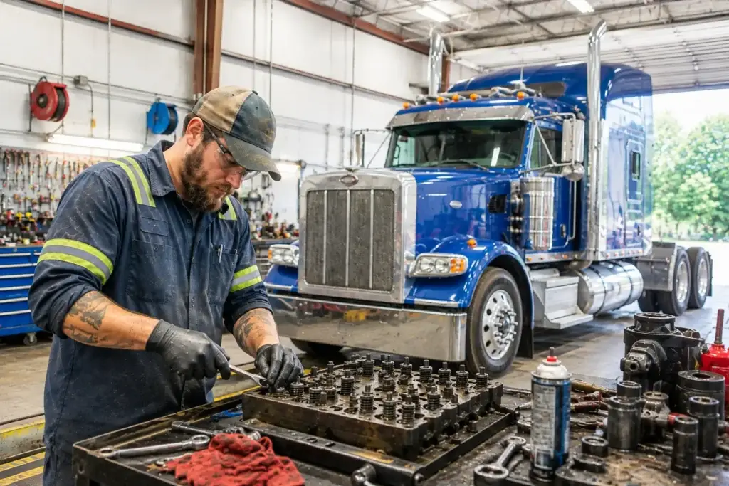 Diesel technician performing maintenance in a heavy-duty truck repair shop with a blue American semi truck in the service bay.
