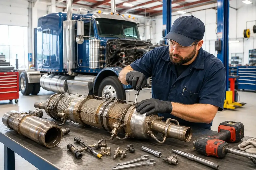 Diesel mechanic servicing a heavy-duty truck emissions system on a workbench with a semi-truck in the repair shop background.