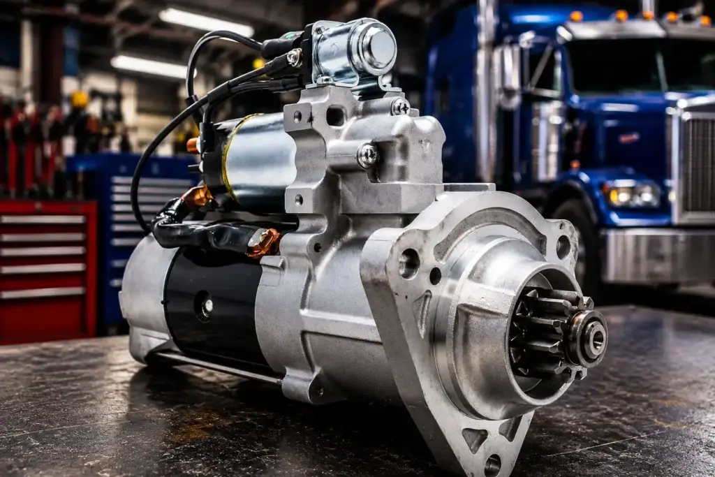 Heavy-duty diesel truck starter motor on a workbench inside a professional truck repair shop.