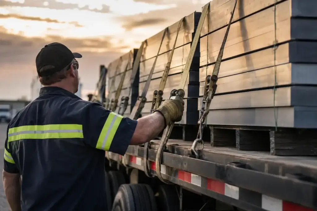 Driver inspecting and tightening cargo tie-down straps on a flatbed trailer loaded with industrial materials for DOT cargo securement compliance.