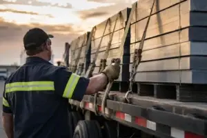 Driver inspecting and tightening cargo tie-down straps on a flatbed trailer loaded with industrial materials for DOT cargo securement compliance.