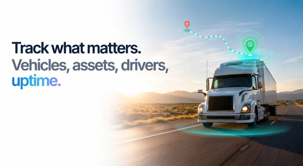 Semi-truck on the highway with GPS tracking technology illustrating vehicle, asset, driver, and fleet uptime monitoring.