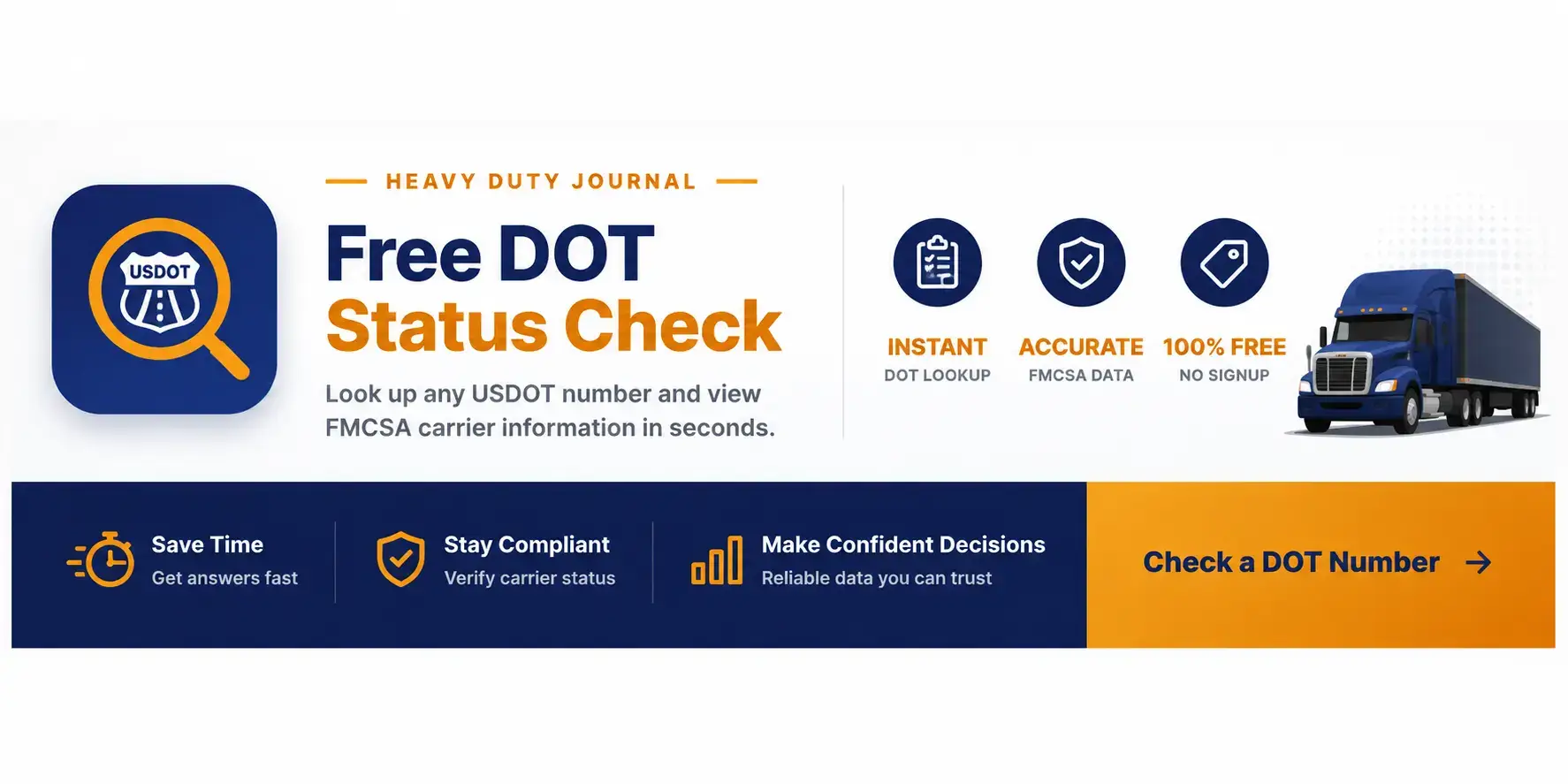 Heavy Duty Journal free DOT Status Check tool banner for looking up a USDOT number