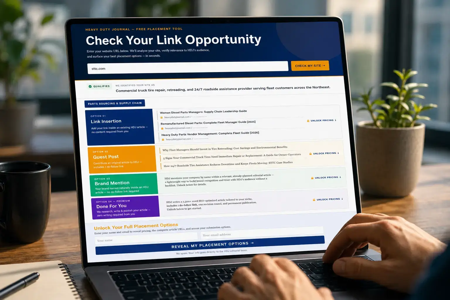 Heavy Duty Journal Link Opportunity tool displayed on a laptop, showing link insertion, guest post, brand mention, and done-for-you content placement options.