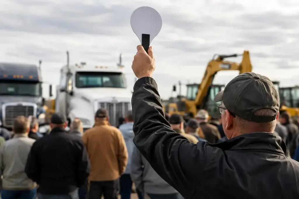 Heavy equipment buyer raising a bid paddle at an outdoor auction with semi trucks and construction equipment in the background.