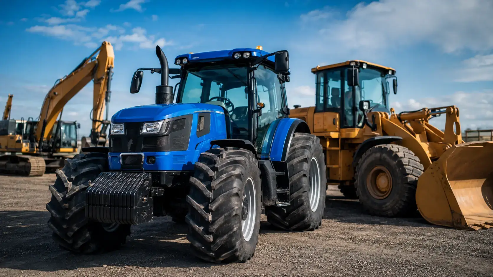 Tractor, wheel loader, and excavator representing heavy construction and agricultural equipment financing.