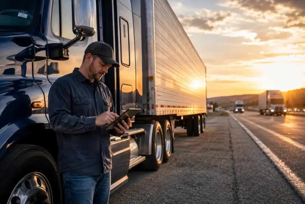 Professional commercial truck driver standing beside a Class 8 semi-truck using a digital tablet to review electronic logging device (ELD) records during a highway stop, representing FMCSA Hours of Service (HOS) compliance, driver safety, and fleet operations.