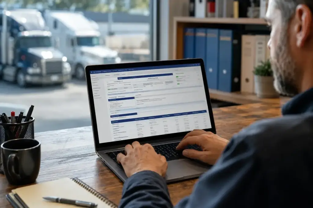 Fleet professional checking USDOT carrier status and FMCSA information on a laptop with commercial semi trucks visible outside.