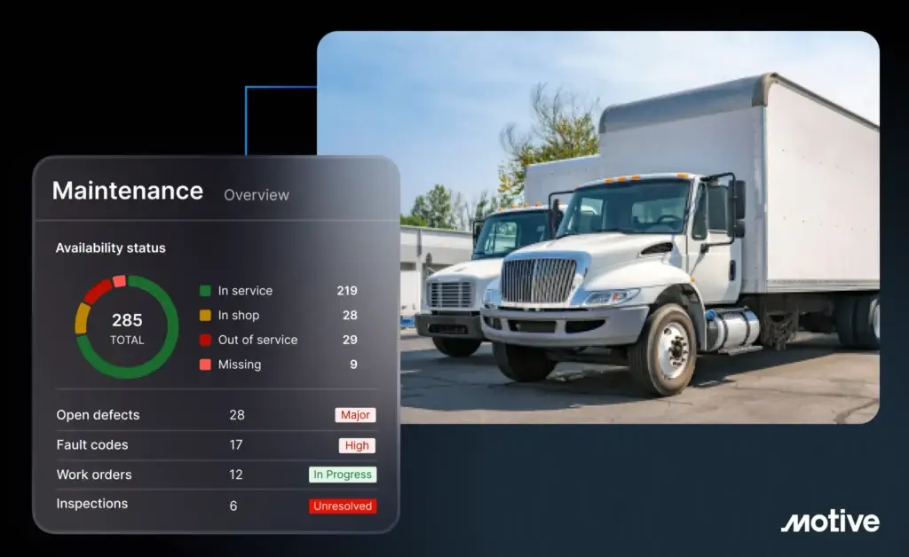Motive fleet maintenance dashboard showing vehicle availability, open defects, fault codes, work orders, and inspection status alongside commercial fleet trucks.