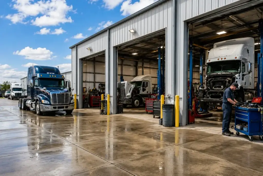 Professional multi-location diesel truck repair facility during the daytime with multiple open service bays, heavy-duty semi trucks undergoing maintenance, and a diesel technician working outside the shop, showcasing a modern commercial truck service operation.
