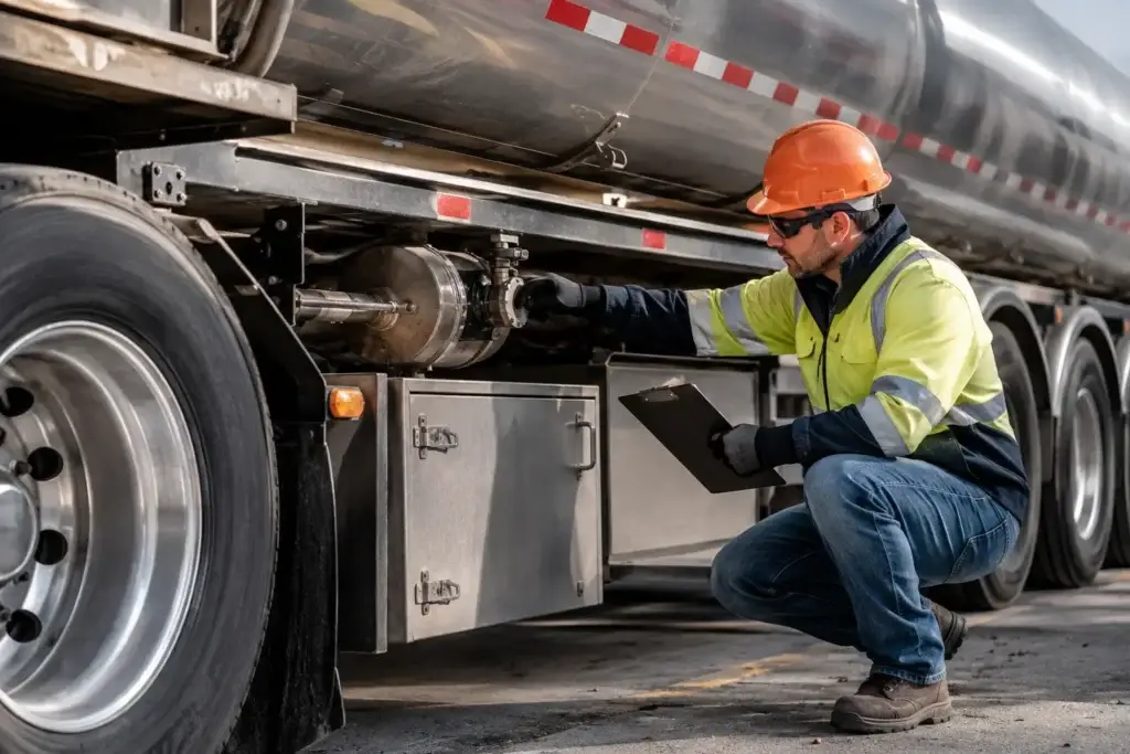 Diesel technician inspecting a tanker truck’s valves and undercarriage during a routine maintenance and DOT compliance check.