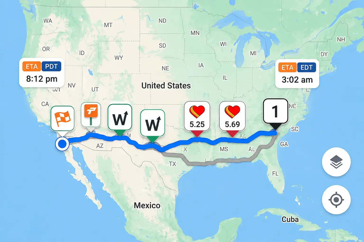 Truck GPS navigation map showing a cross-country route across the United States with stops and estimated arrival times.