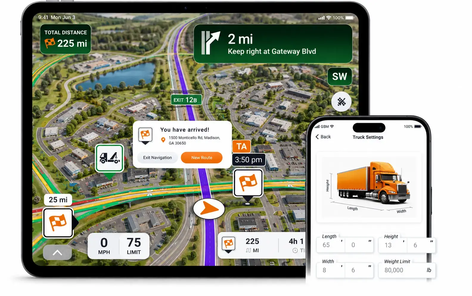 Commercial truck driver using a GPS navigation system while traveling on the highway.