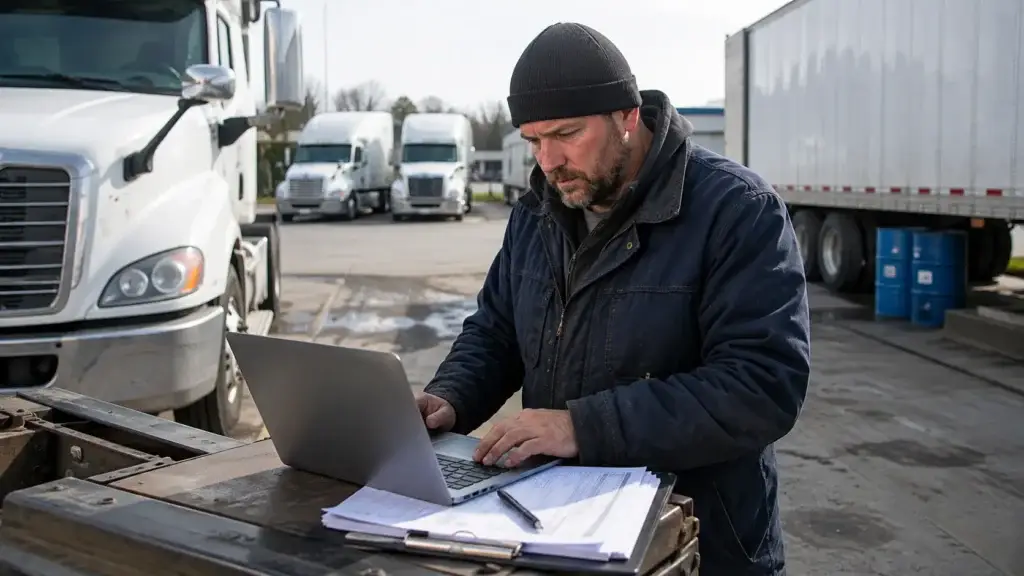 Fleet manager reviewing truck leasing and purchasing costs on a laptop beside commercial semi trucks in a working fleet yard.