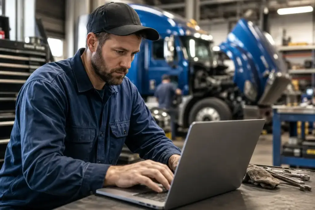 Diesel repair shop professional using a laptop in a heavy-duty truck service facility while working on website SEO and backlink strategy.
