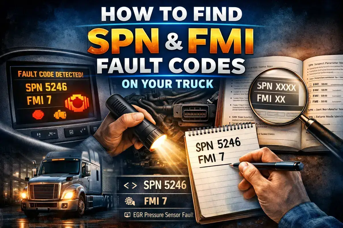 Diesel technician reading SPN and FMI fault codes on a heavy-duty truck diagnostic display
