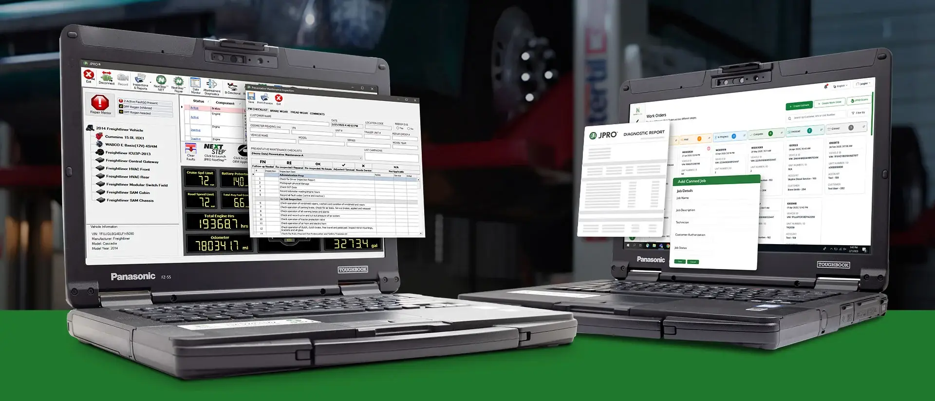Diagnostic report generated by heavy-duty truck diagnostic software showing fault data for customer authorization