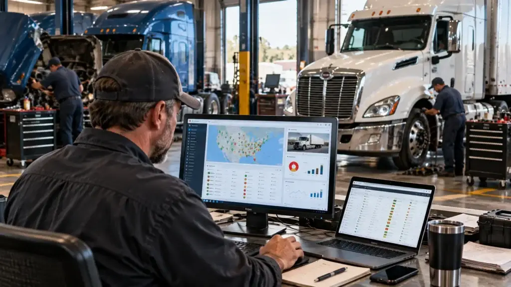 Fleet maintenance manager reviewing AI-driven telematics alerts and automated work orders while technicians service heavy-duty trucks in the shop.