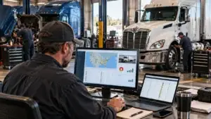 Fleet maintenance manager reviewing AI-driven telematics alerts and automated work orders while technicians service heavy-duty trucks in the shop.