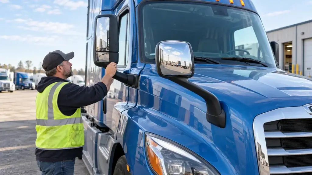 Truck driver adjusting the side mirror on a blue Freightliner Cascadia during a pre-trip visibility check at a fleet yard.
