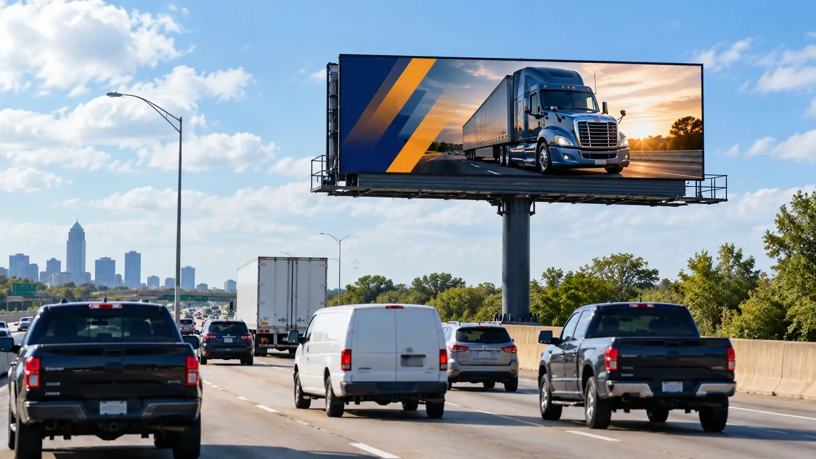 Heavy-duty truck displayed on a roadside billboard above commercial highway traffic