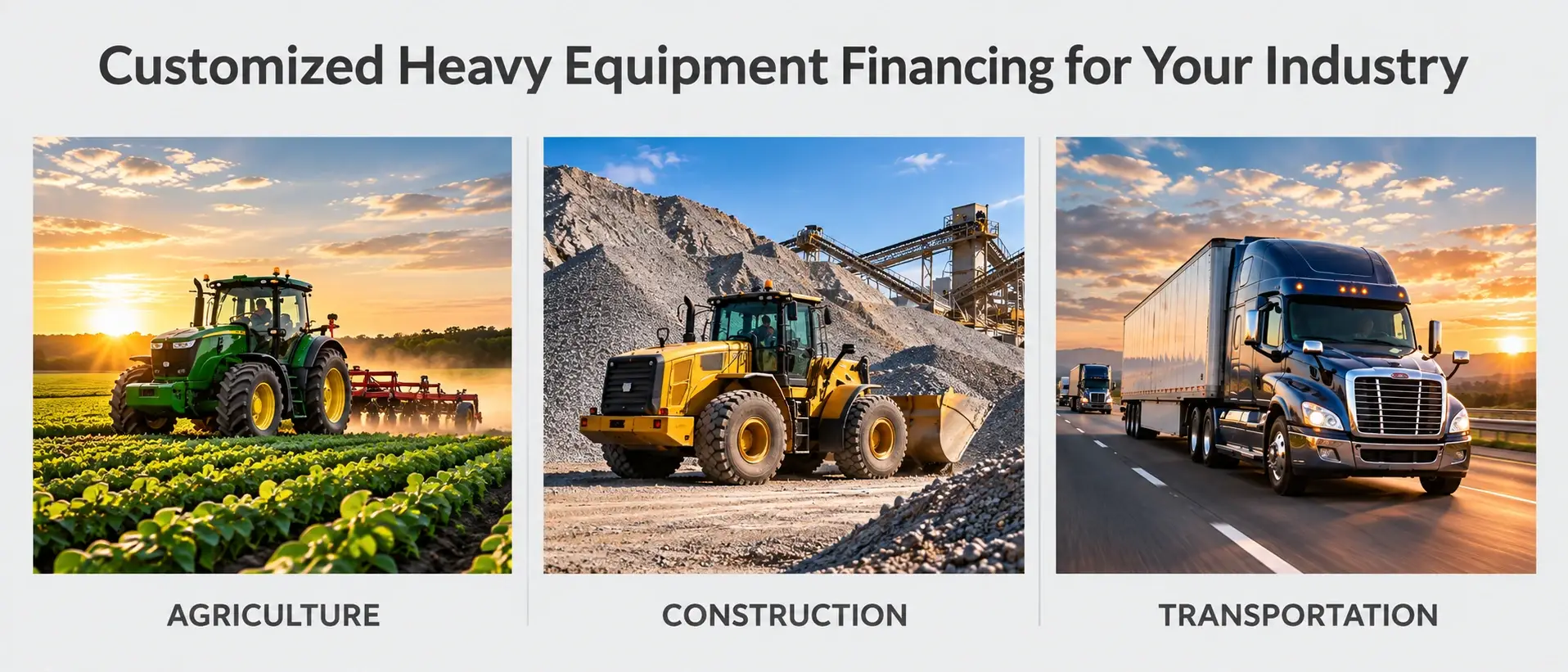 Heavy equipment financing solutions graphic showing agriculture, construction, and transportation machinery in three divided sections.