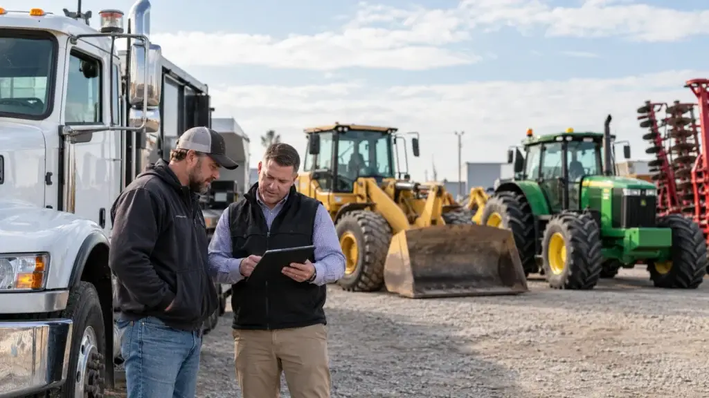 Equipment buyer and financing representative reviewing options beside a commercial truck, wheel loader, and farm tractor at a heavy equipment yard.