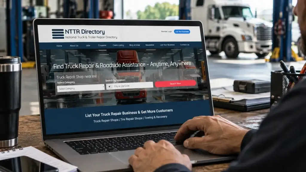 NTTR Directory website displayed on a laptop in a heavy-duty truck repair shop, helping users find truck repair and roadside assistance services.