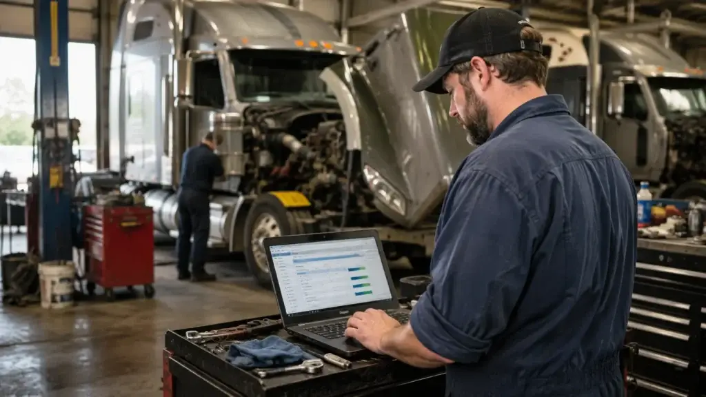Diesel technician using time tracking software in a commercial truck repair shop with heavy-duty trucks being serviced.