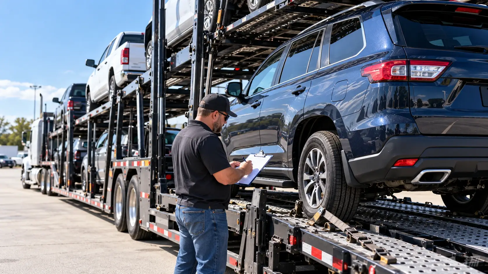 Auto transport driver inspecting and documenting vehicle condition beside a loaded car carrier before shipment.