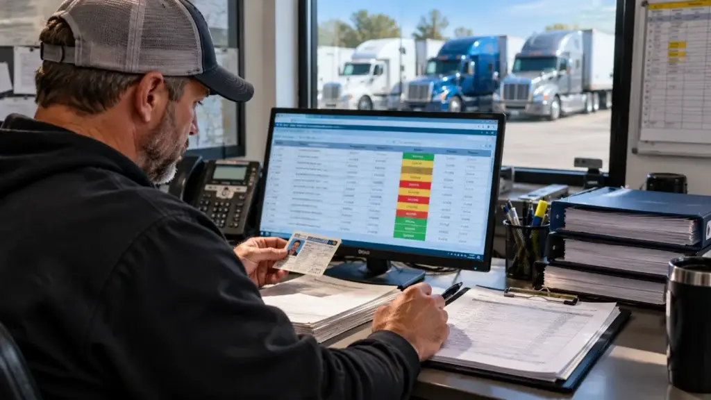 - Small fleet manager reviewing CDL expiration dates, driver qualification records, and compliance reminders in a trucking dispatch office.