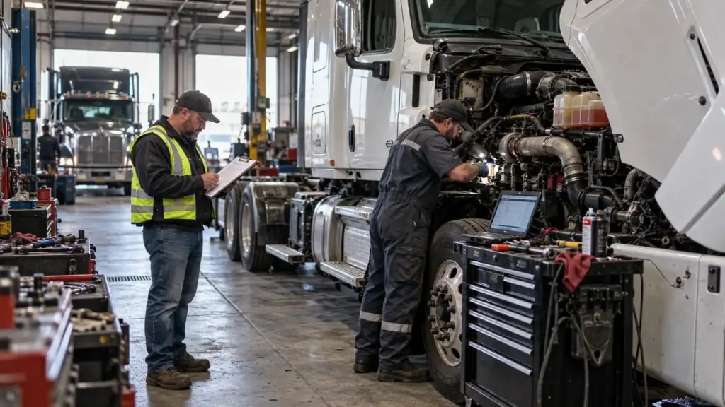 Heavy-duty diesel technician diagnosing and repairing a commercial semi-truck in a professional service bay while an inspector reviews the vehicle and repair documentation.