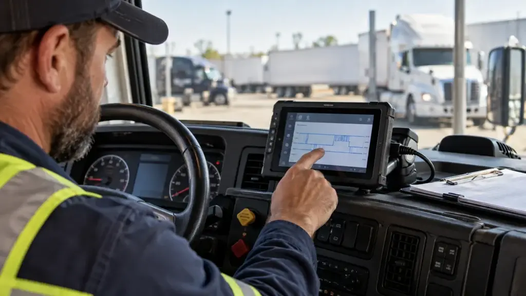 Commercial truck driver troubleshooting an electronic logging device inside a semi-truck cab while reviewing hours-of-service records on a dashboard-mounted tablet.