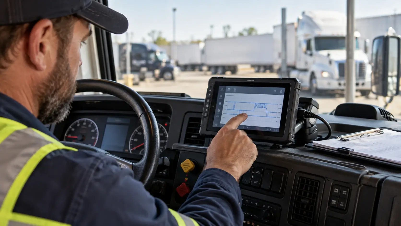 Commercial truck driver troubleshooting an electronic logging device inside a semi-truck cab while reviewing hours-of-service records on a dashboard-mounted tablet.